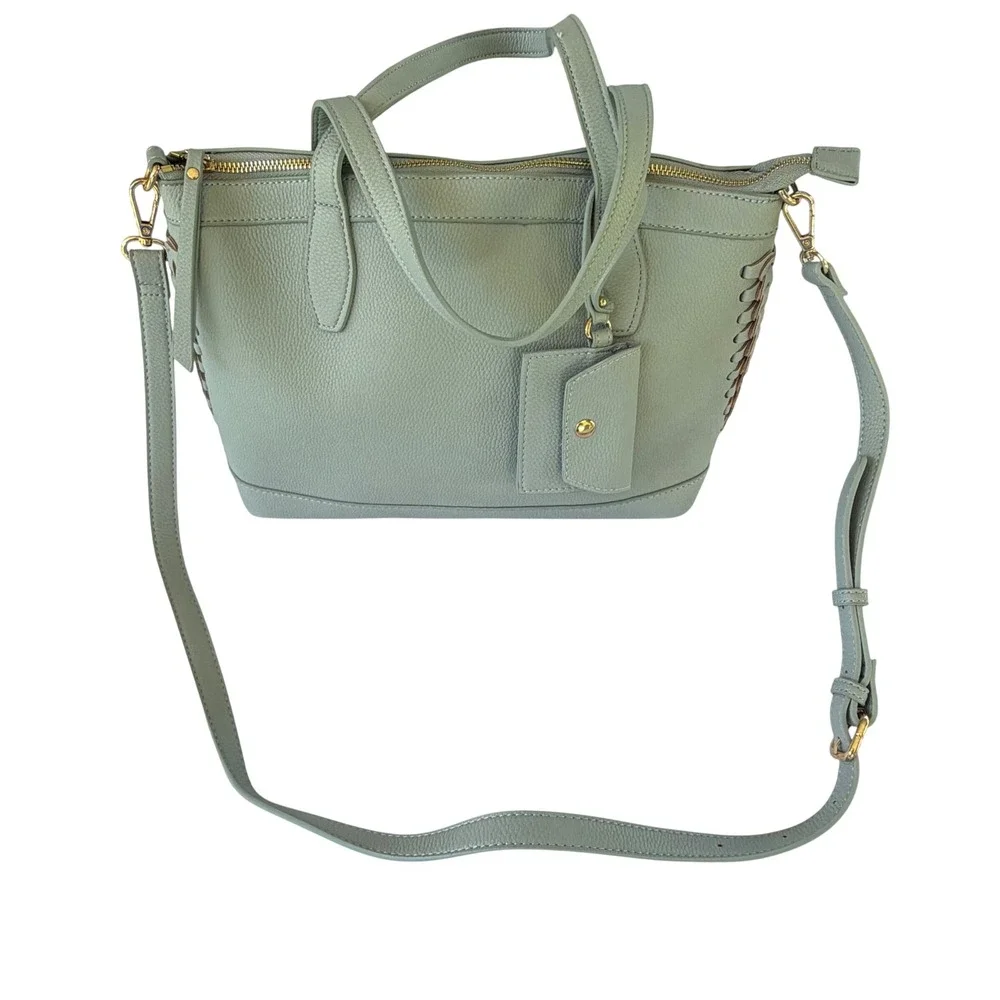 Moda Luxe Light Blue Pebbled Vegan Leather Satchel Crossbody Tote Bag With Pouch